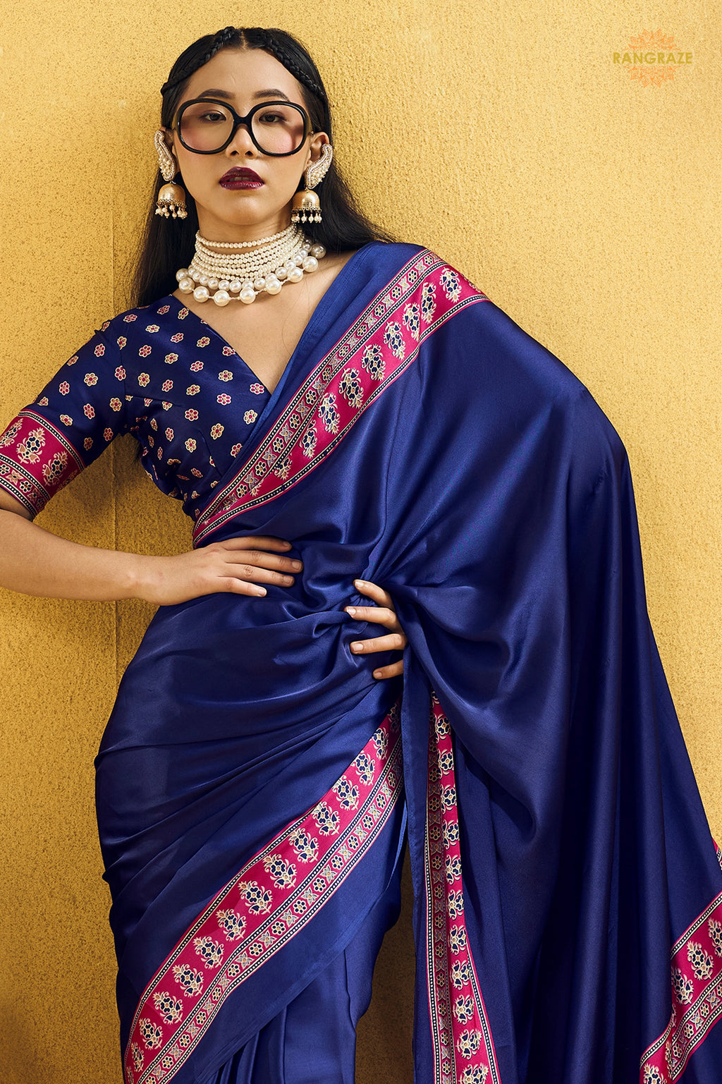 Indigo Blue Ajrakh Print Modal Satin Saree