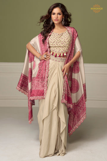 Ivory And Pink Stitched Embroidered Chinon Skirt Set