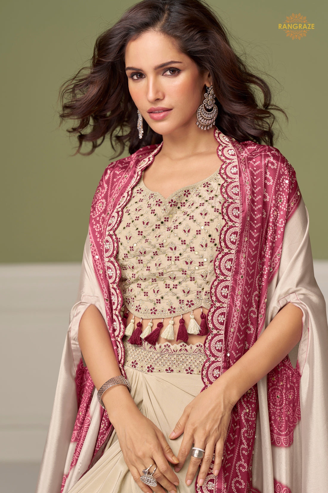Ivory And Pink Stitched Embroidered Chinon Skirt Set