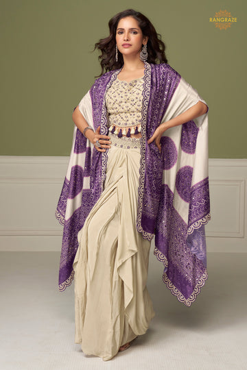 Ivory And Purple Stitched Embroidered Chinon Skirt Set