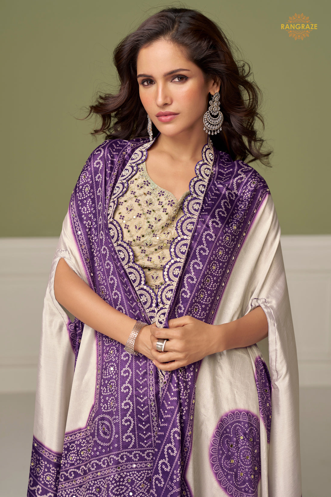 Ivory And Purple Stitched Embroidered Chinon Skirt Set