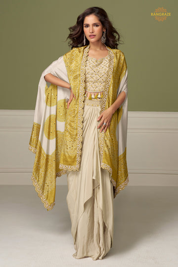 Ivory And Yellow Stitched Embroidered Chinon Skirt Set