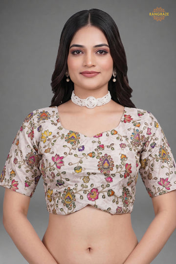 Ivory Printed Viscose Blouse with Embroidered Work