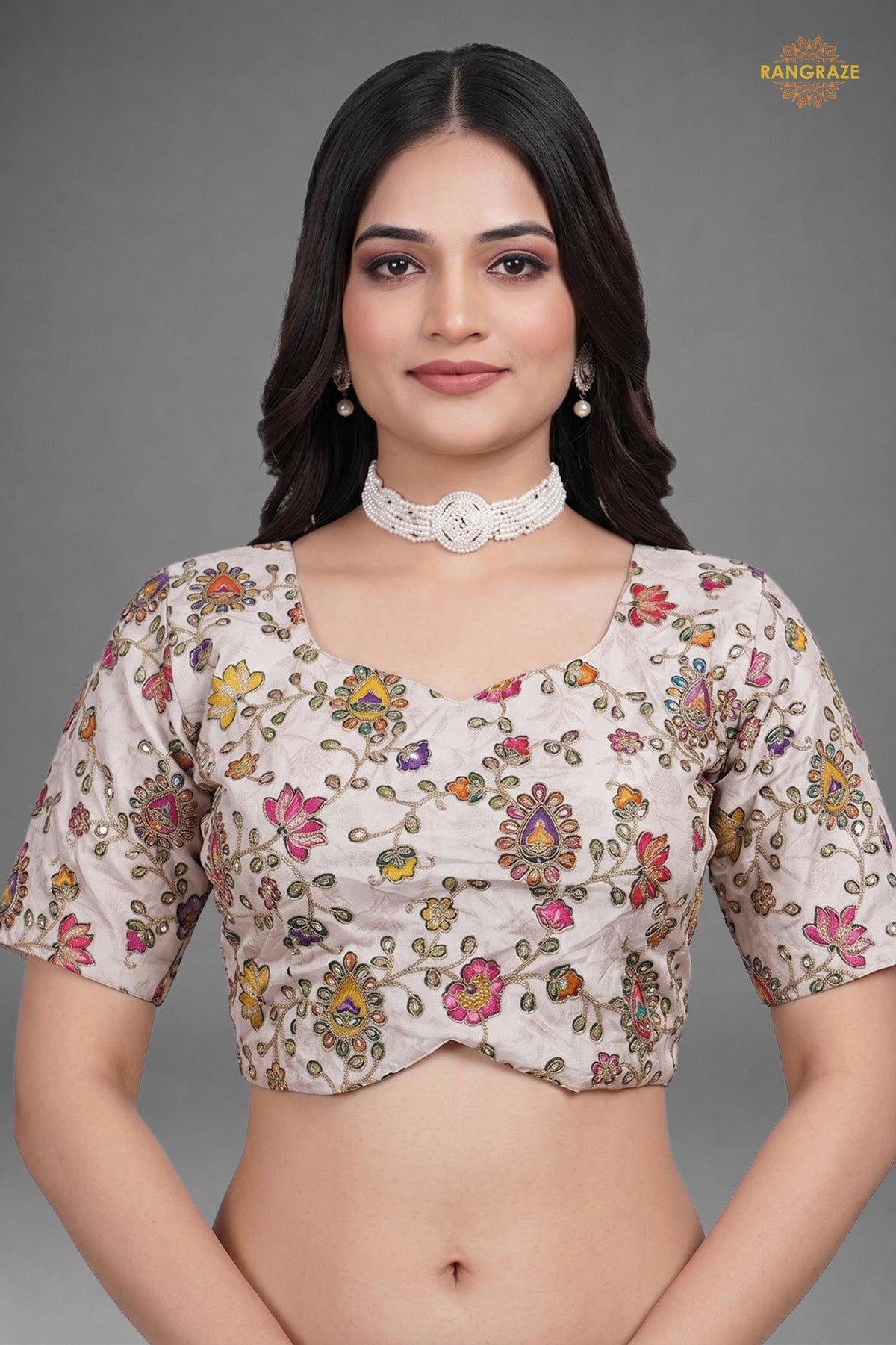 Ivory Printed Viscose Blouse with Embroidered Work
