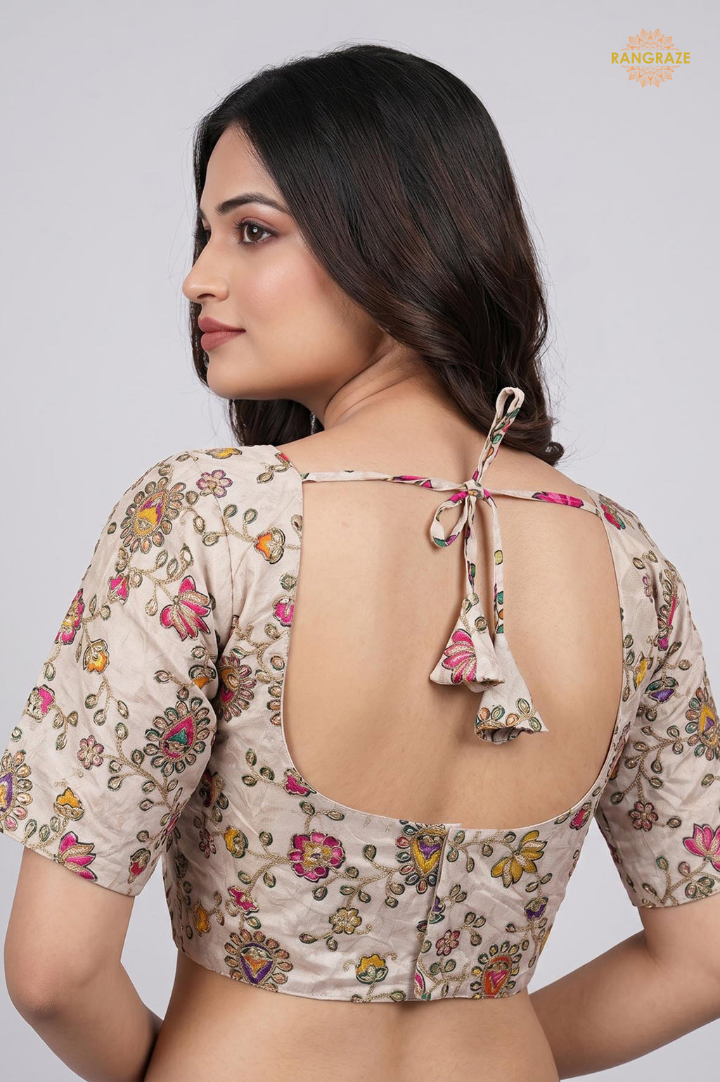 Ivory Printed Viscose Blouse with Embroidered Work