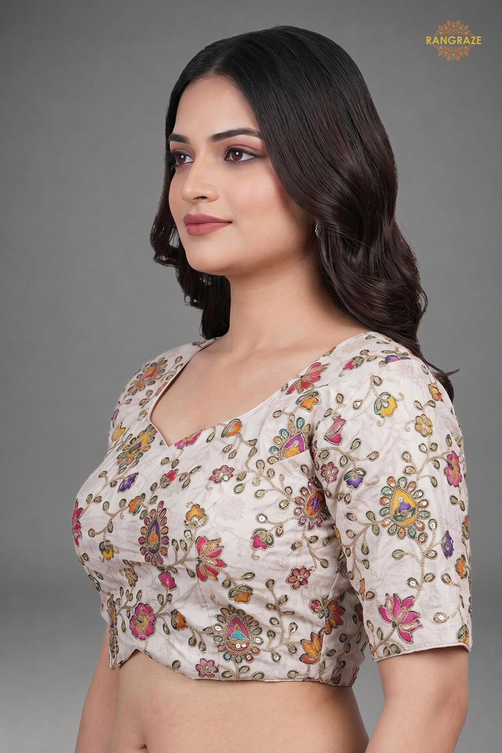 Ivory Printed Viscose Blouse with Embroidered Work