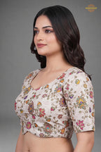 Ivory Printed Viscose Blouse with Embroidered Work
