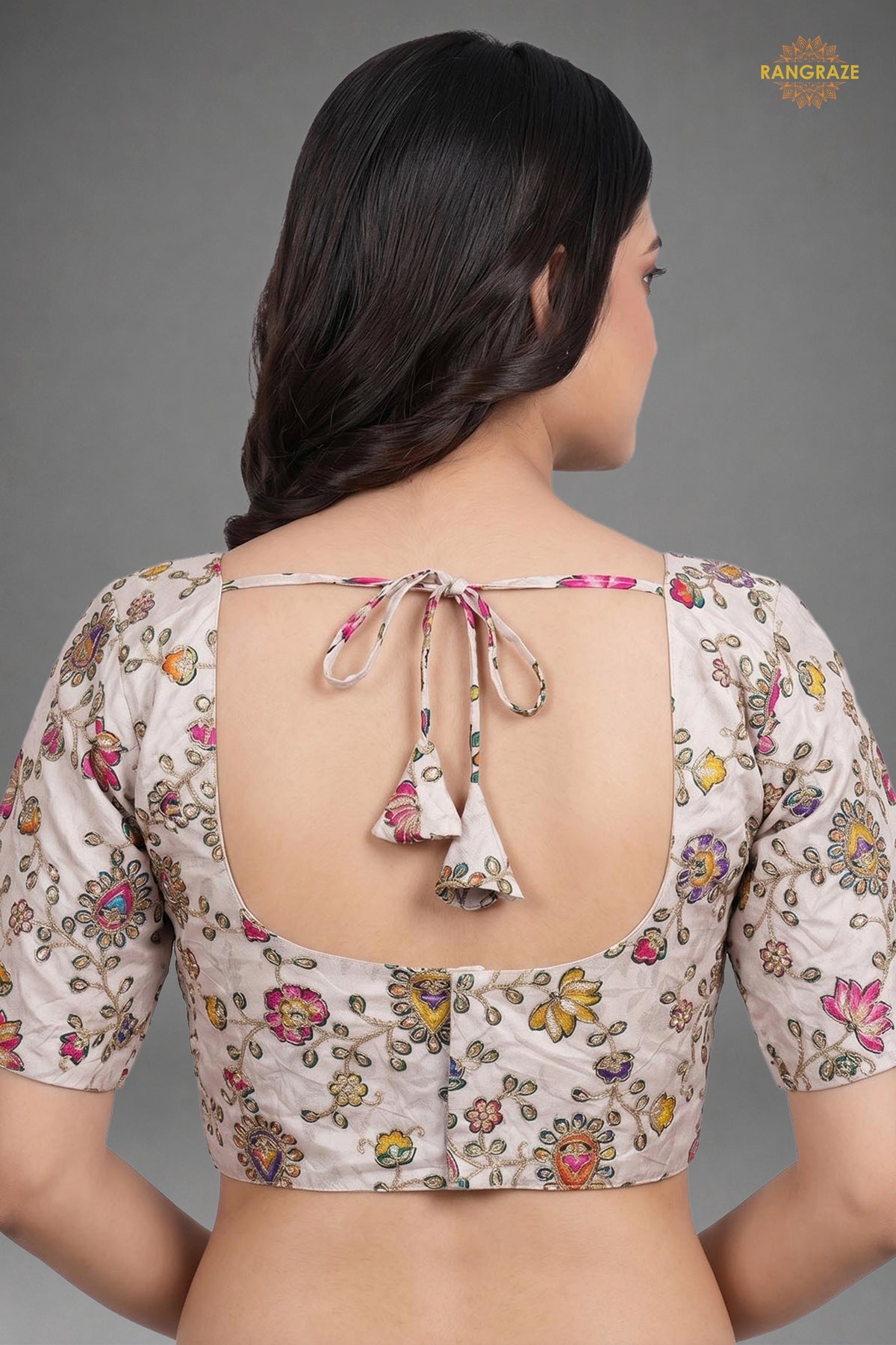 Ivory Printed Viscose Blouse with Embroidered Work