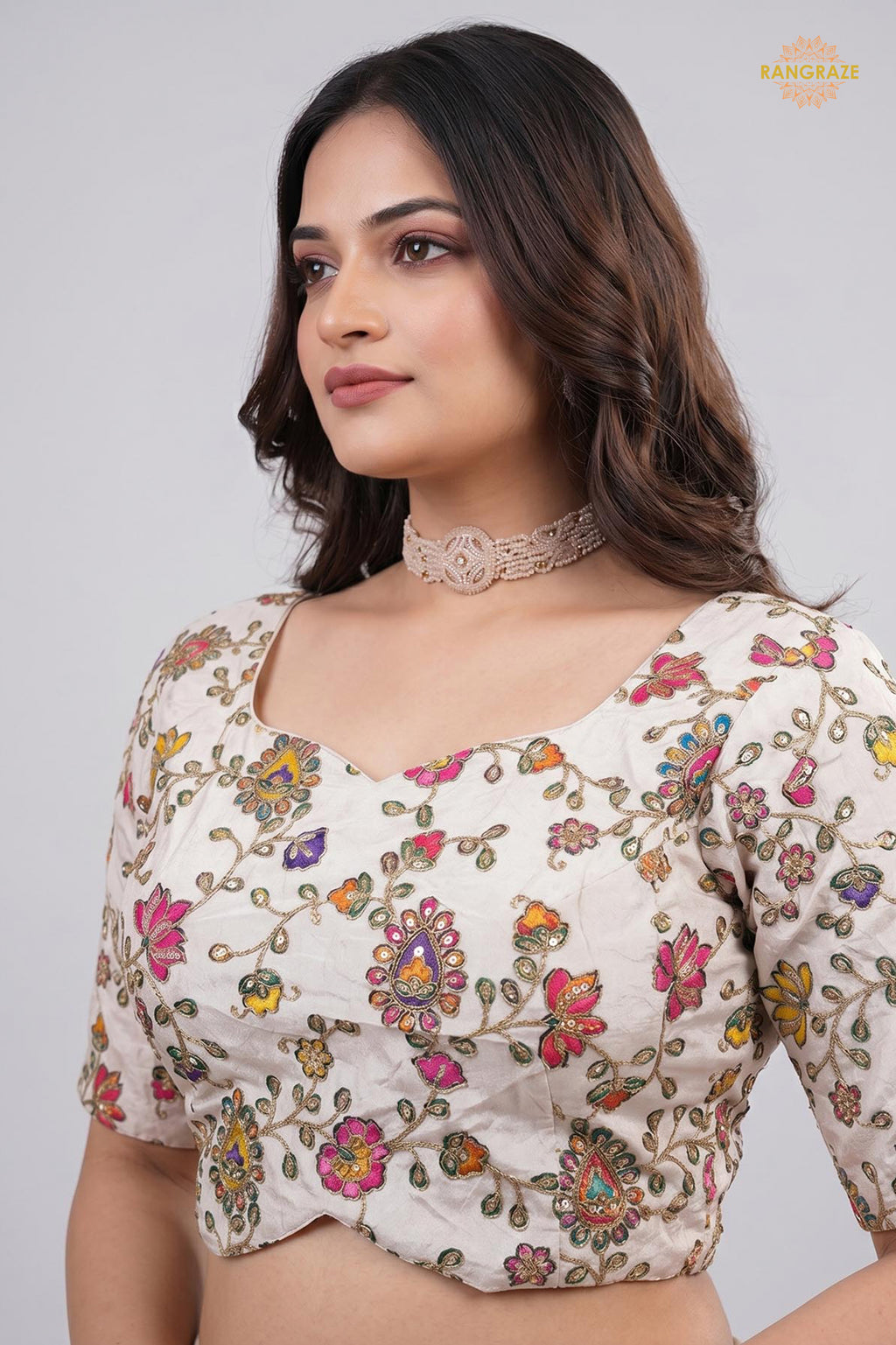 Ivory Printed Viscose Blouse with Embroidered Work