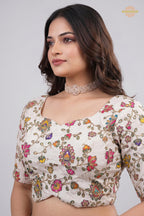 Ivory Printed Viscose Blouse with Embroidered Work