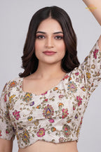 Ivory Printed Viscose Blouse with Embroidered Work