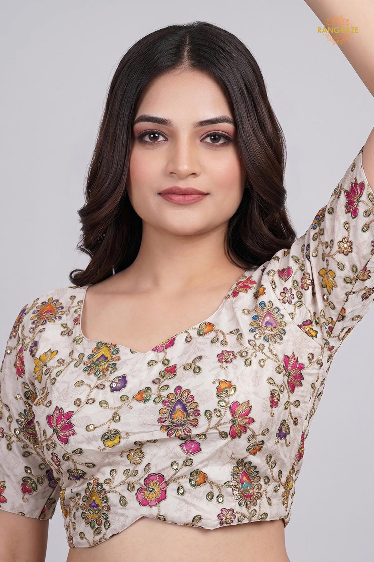 Ivory Printed Viscose Blouse with Embroidered Work