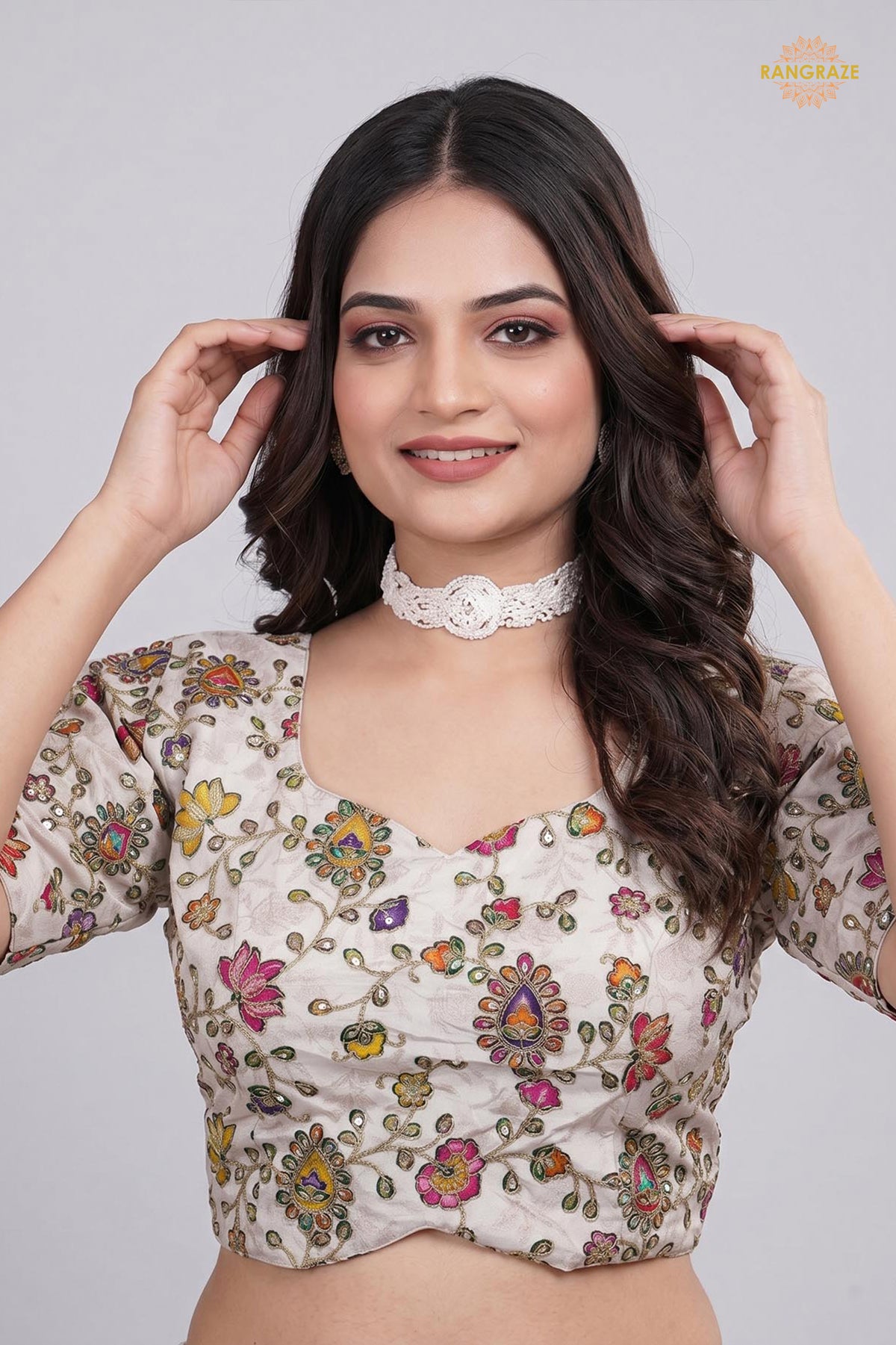 Ivory Printed Viscose Blouse with Embroidered Work
