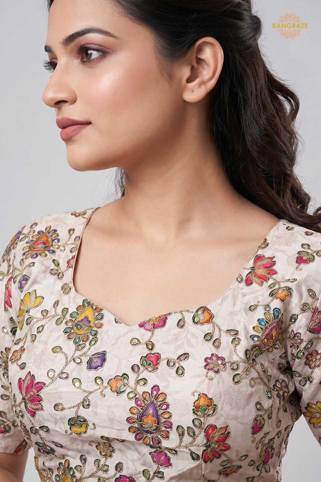 Ivory Printed Viscose Blouse with Embroidered Work