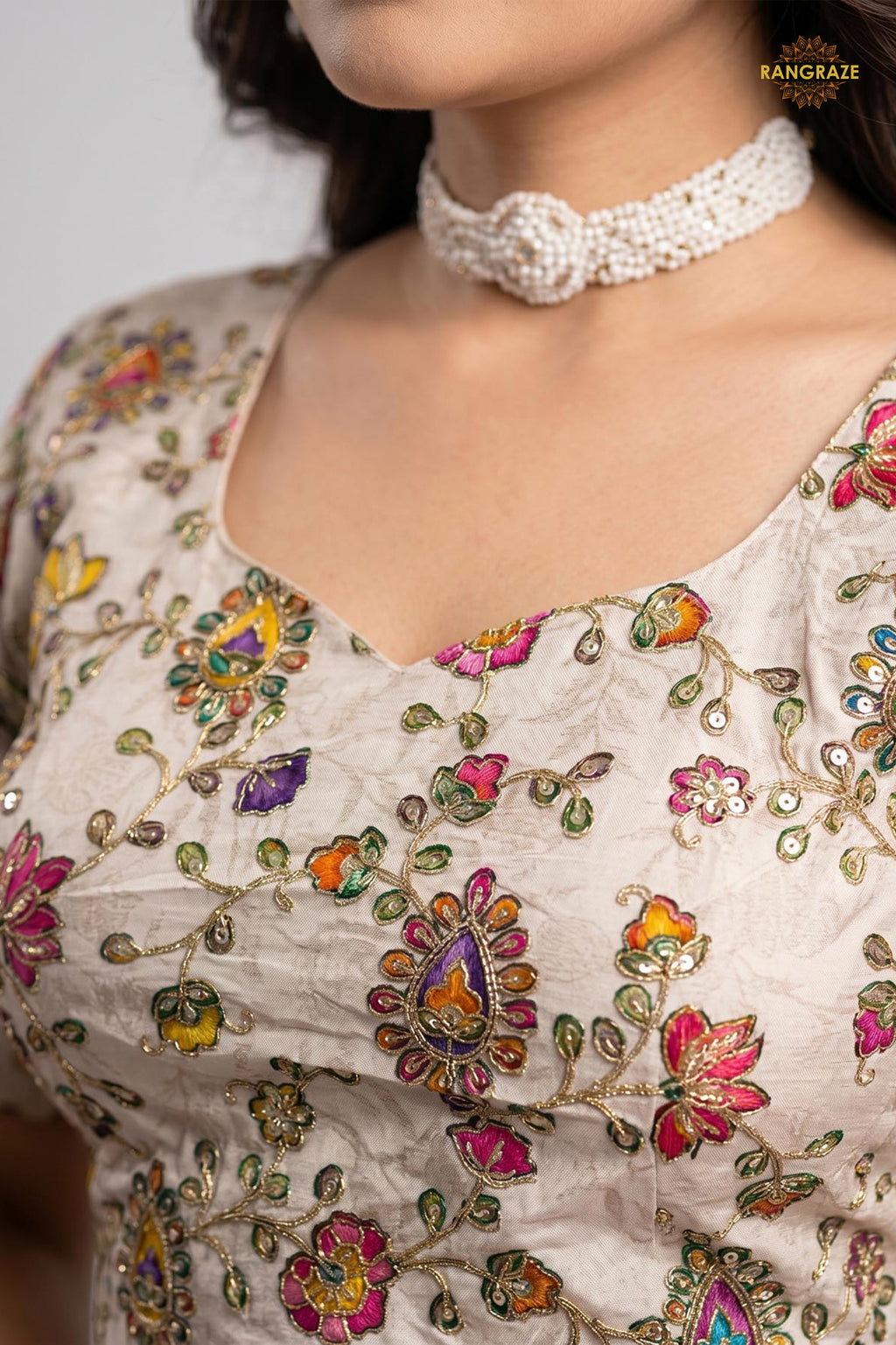 Ivory Printed Viscose Blouse with Embroidered Work
