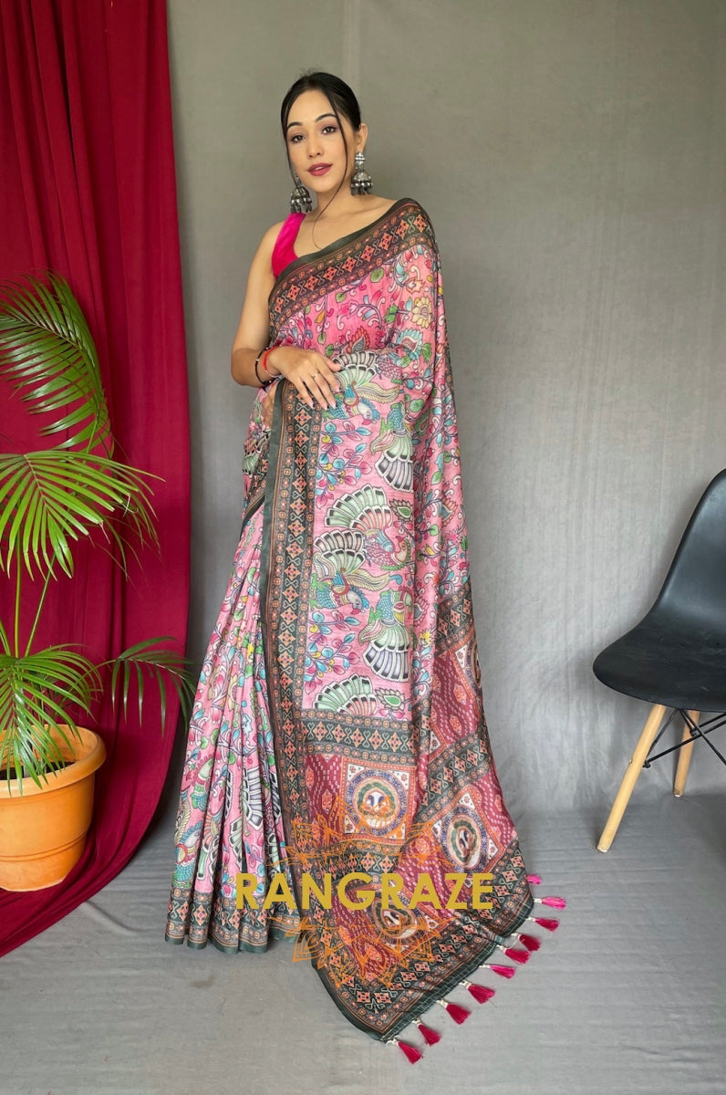 Pink Pure Malai Cotton Saree With Digital Print Kalamkari Patterns