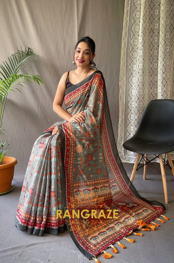 Metal Grey Multi Shade Pure Malai Cotton Saree With Kalamkari Prints