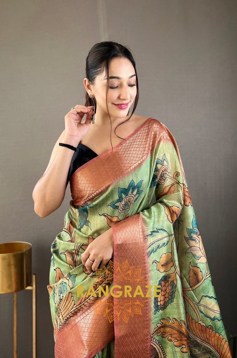 Sea Green Pure Tussar Silk Saree With Handpainted Feel Kalamkari Print