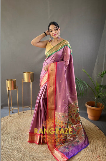 Rose Pink Paithani Weaving Saree With Rich Golden Pallu And Butis