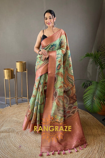 Sea Green Pure Tussar Silk Saree With Handpainted Feel Kalamkari Print