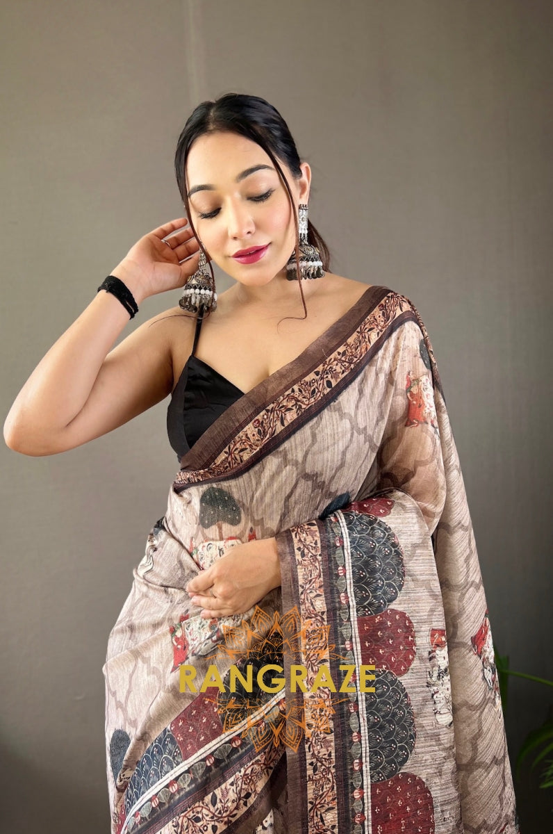 Beige Grey Pure Soft Cotton Tussar Silk Saree With Elegant Prints