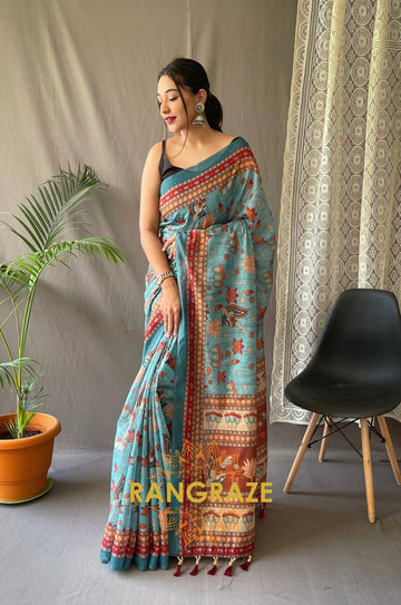 Turquoise Multi Shade Pure Malai Cotton Saree With Kalamkari Prints