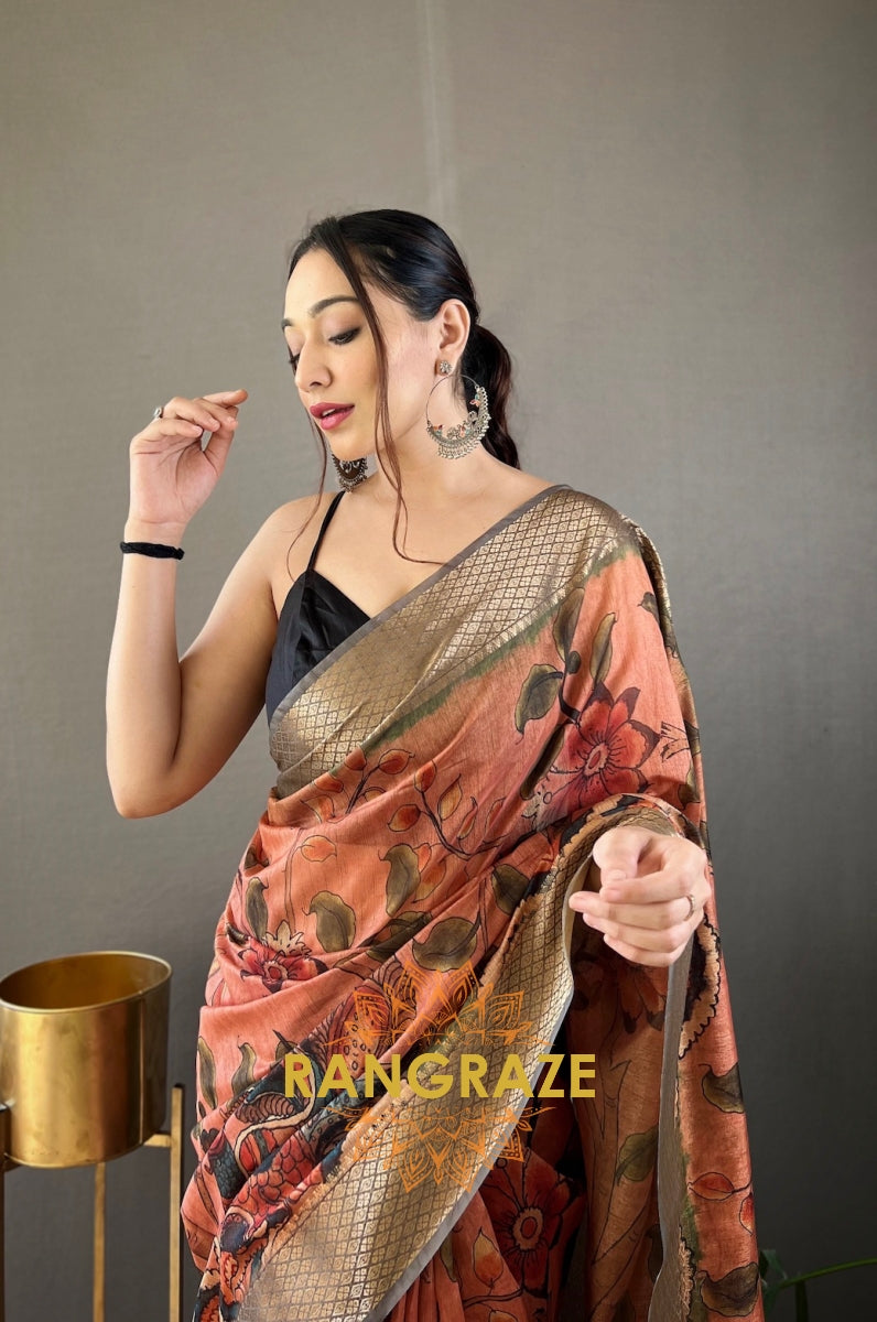 Orange Multi Shade Pure Tussar Silk Saree With Handpainted Kalamkari Print