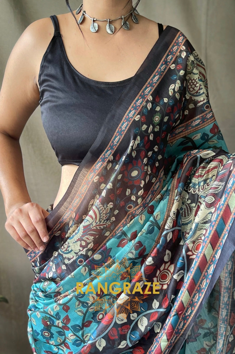 Turquoise Soft Cotton Saree With Kalamkari Prints And Contrast Pallu