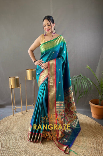 Sea Green Paithani Weaving Saree With Rich Golden Pallu And Butis