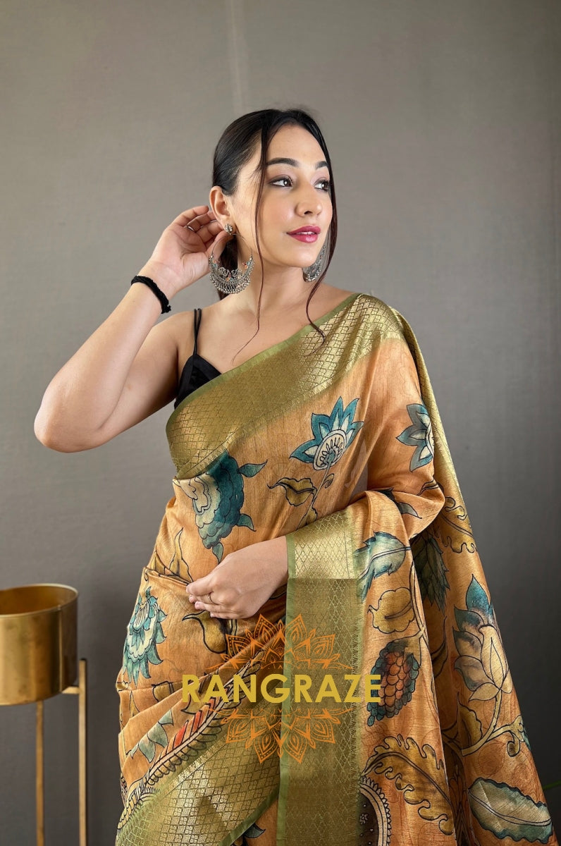 Orange Pure Tussar Silk Saree With Handpainted Feel Kalamkari Print