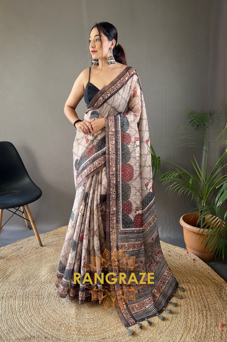 Beige Grey Pure Soft Cotton Tussar Silk Saree With Elegant Prints