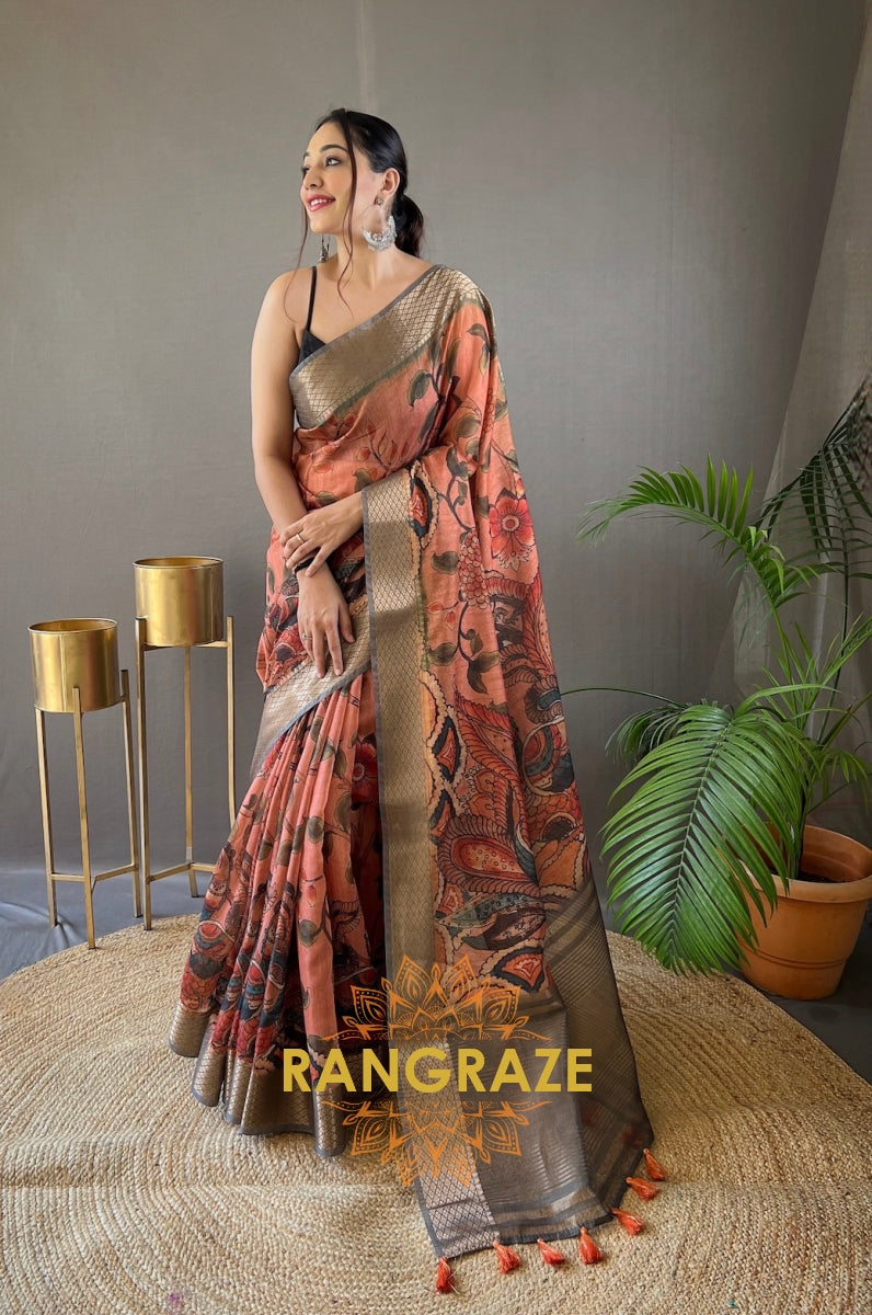 Orange Multi Shade Pure Tussar Silk Saree With Handpainted Kalamkari Print