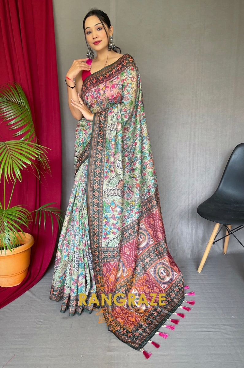 Green Pure Malai Cotton Saree With Digital Print Kalamkari Patterns