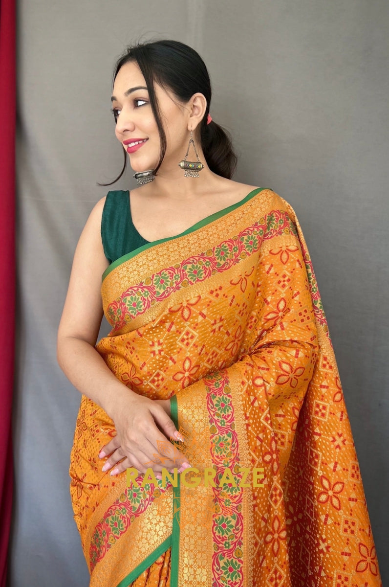 Yellow Flower And Patola Fusion Saree With Meenakari Work