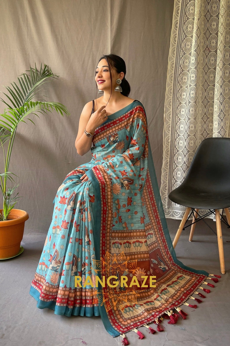 Turquoise Multi Shade Pure Malai Cotton Saree With Kalamkari Prints