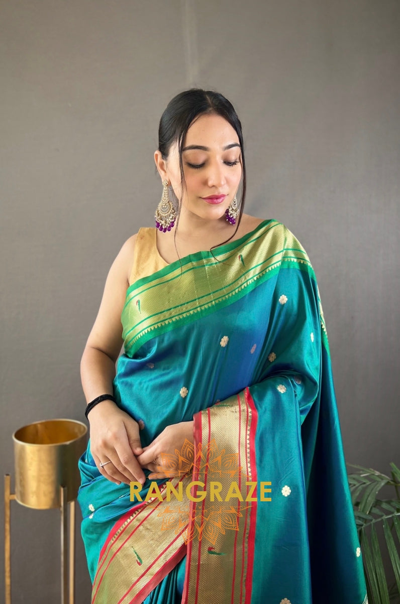 Sea Green Paithani Weaving Saree With Rich Golden Pallu And Butis