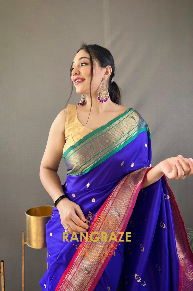 Pitch Blue Paithani Weaving Saree With Rich Golden Pallu And Butis