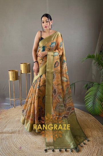 Orange Pure Tussar Silk Saree With Handpainted Feel Kalamkari Print