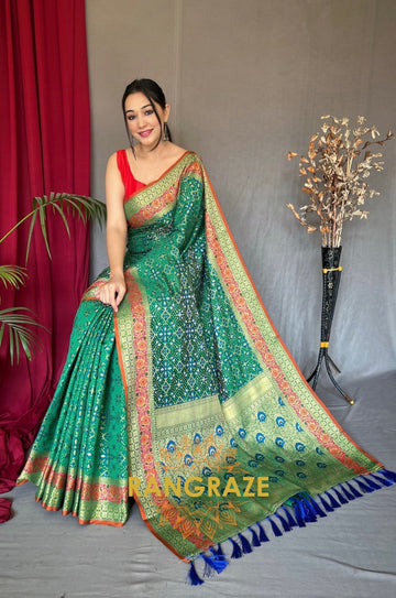 Forest Green Flower And Patola Fusion Saree With Meenakari Work