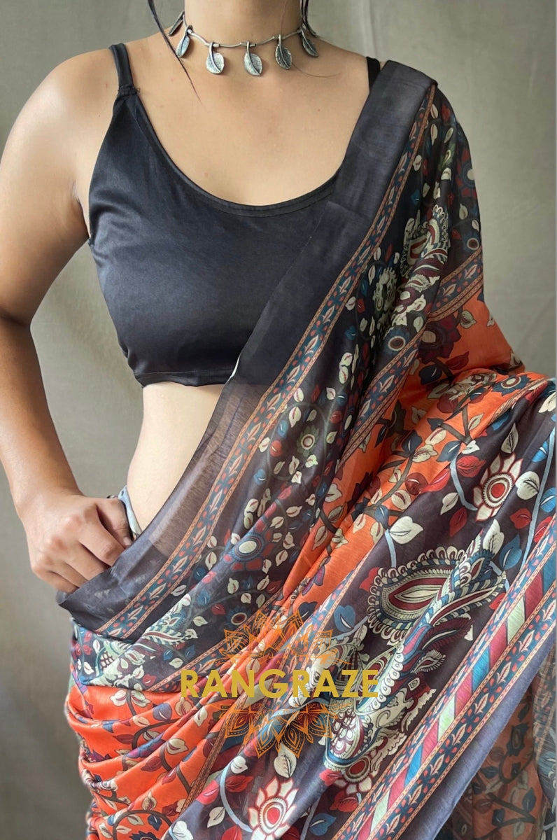 Orange Soft Cotton Saree With Kalamkari Prints And Contrast Pallu