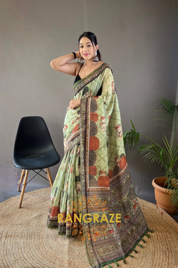 Lime Green Pure Soft Cotton Tussar Silk Saree With Elegant Prints