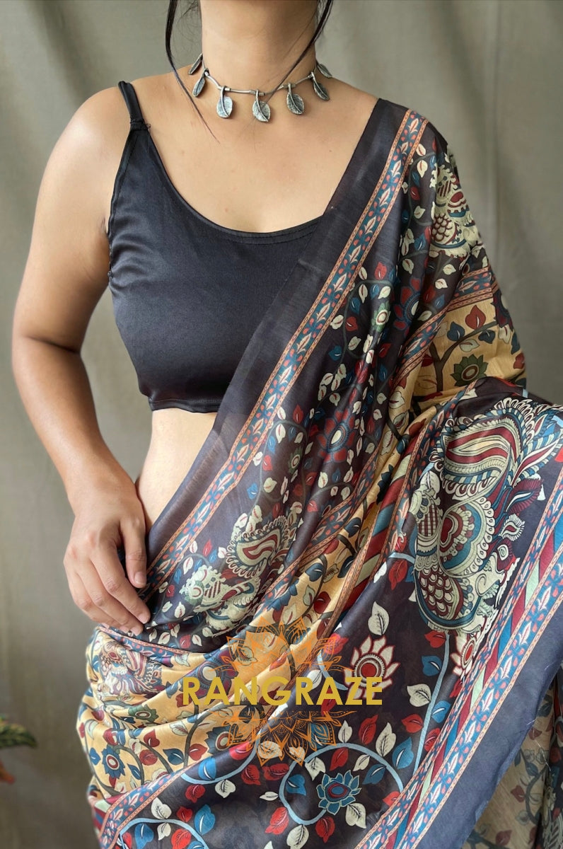 Beige Soft Cotton Saree With Kalamkari Prints And Contrast Pallu