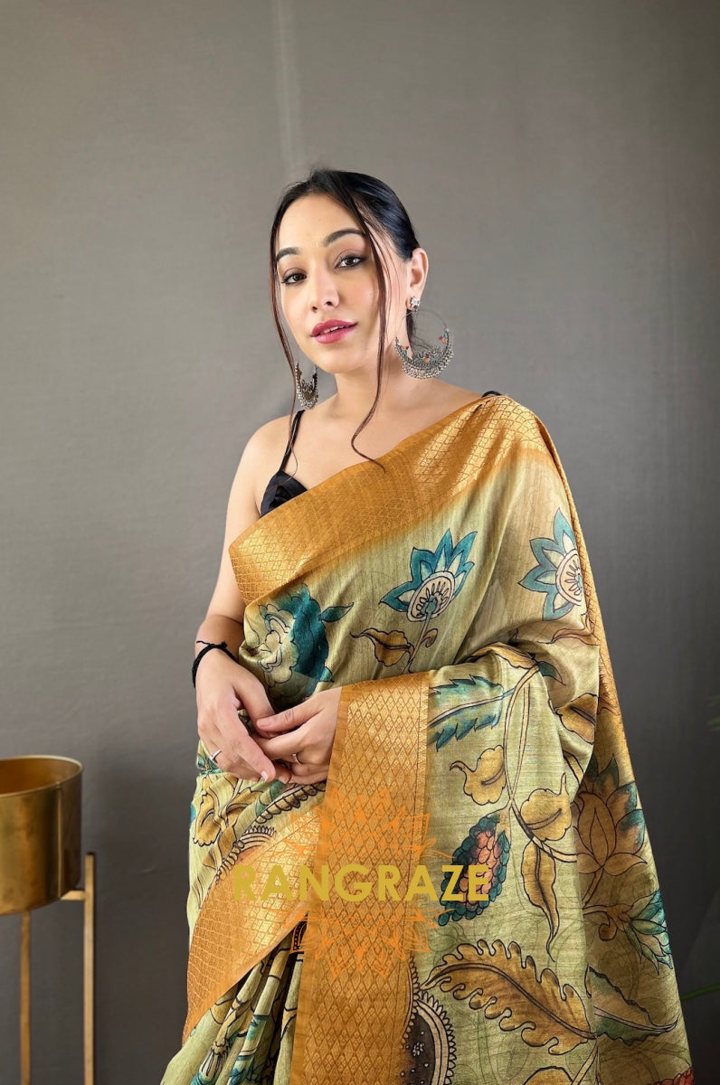 Golden Green Pure Tussar Silk Saree With Handpainted Feel Kalamkari Print