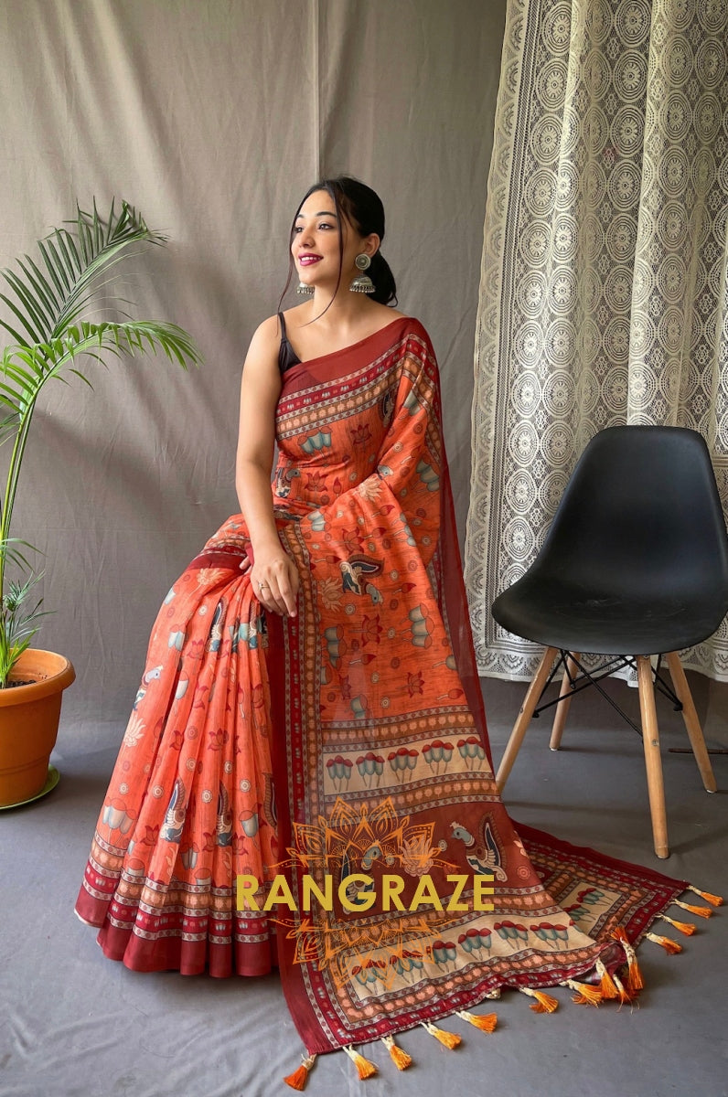 Orange Multi Shade Pure Malai Cotton Saree With Kalamkari Prints