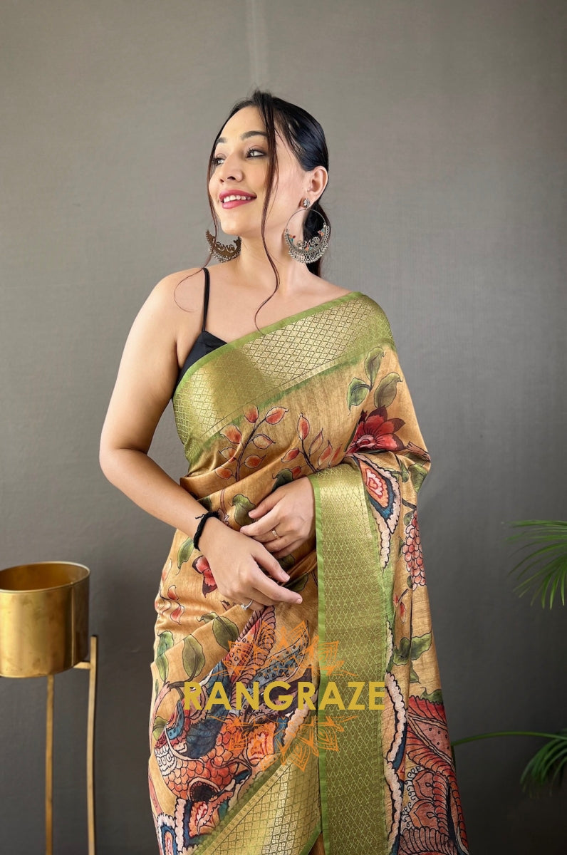 Green Multi Shade Pure Tussar Silk Saree With Handpainted Kalamkari Print