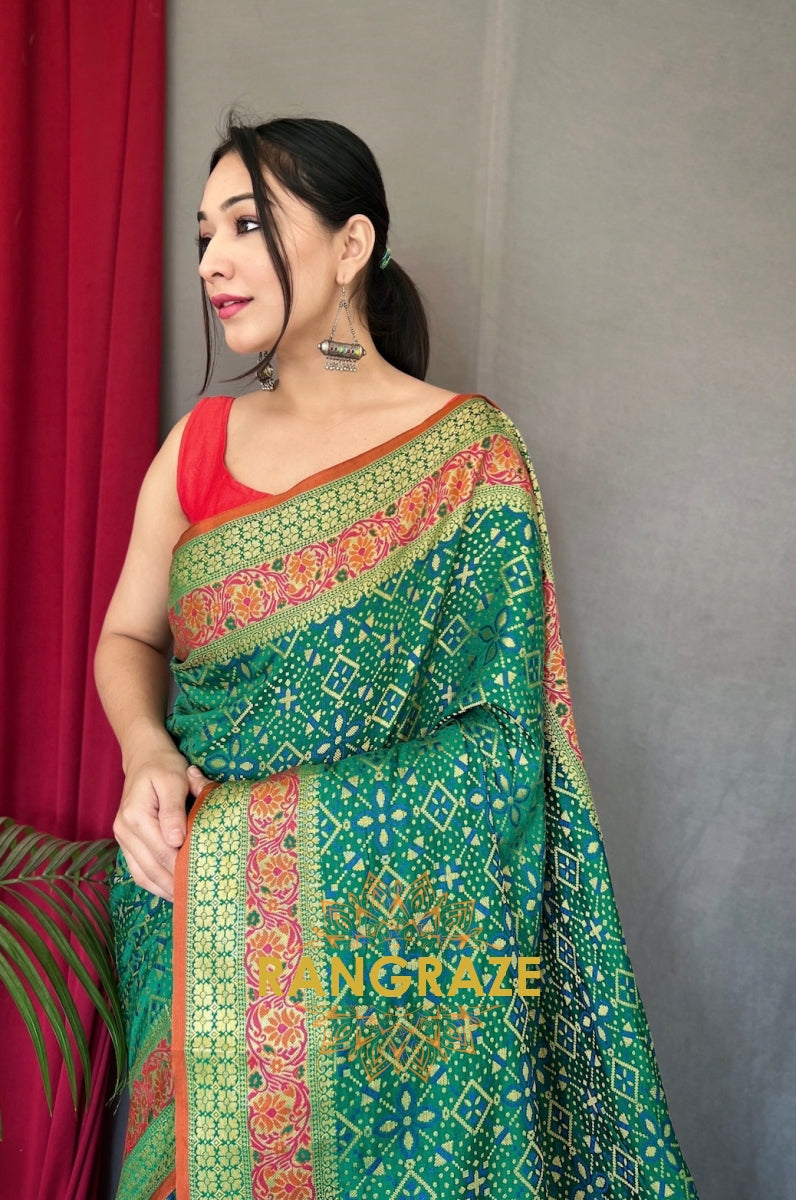 Forest Green Flower And Patola Fusion Saree With Meenakari Work