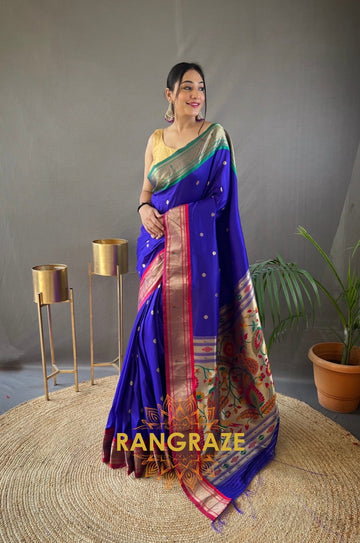 Pitch Blue Paithani Weaving Saree With Rich Golden Pallu And Butis