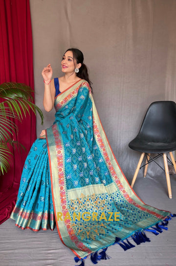 Turquoise Blue Pure Kutchi Patola Silk Saree With All Over Patola Weaving