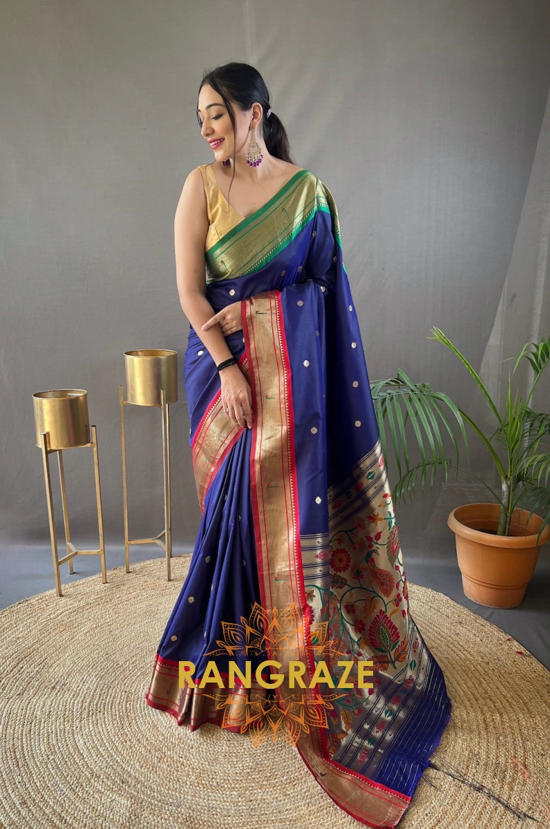 Navy Blue Paithani Weaving Saree With Rich Golden Pallu And Butis