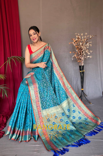 Turquoise Flower And Patola Fusion Saree With Meenakari Work